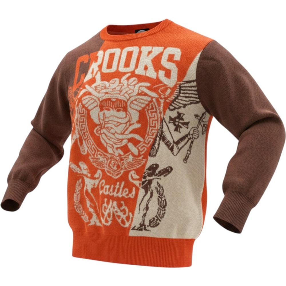 Crooks & Castles Mens Medusa Graphic Knit Sweater Orange Brown Cream Size M